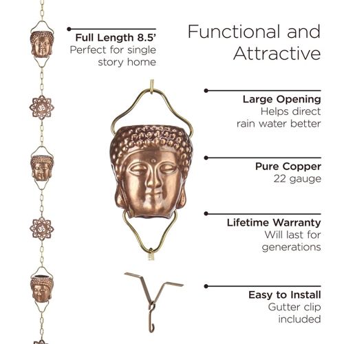 Budda Pure Copper Polished Rain Chain 8.5 ft.